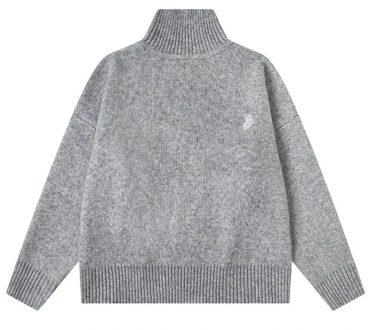 Stussy-style Grey High-Neck Knitted Sweater