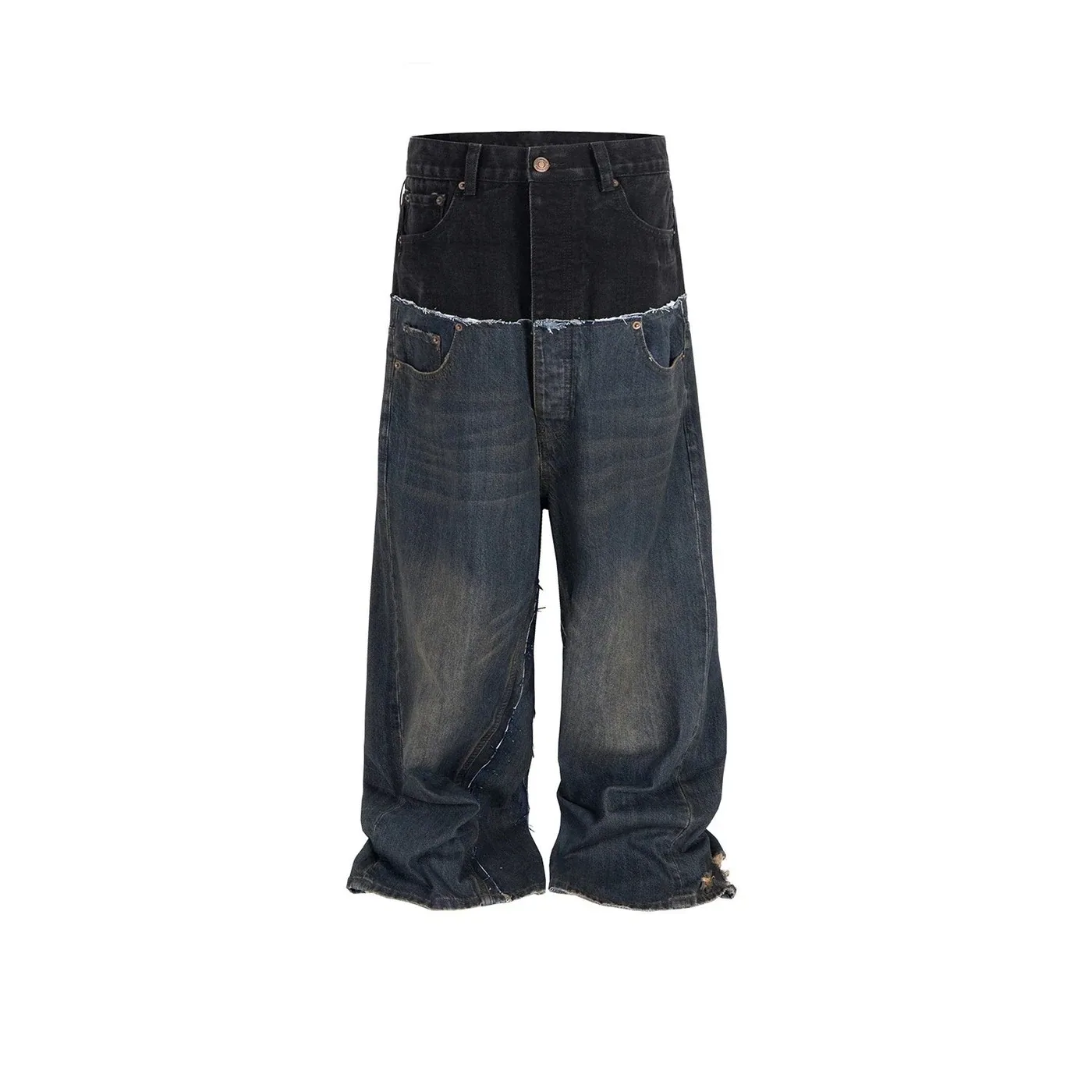 Balenciaga-Style Paneled Deconstructed Wide-Leg Jeans