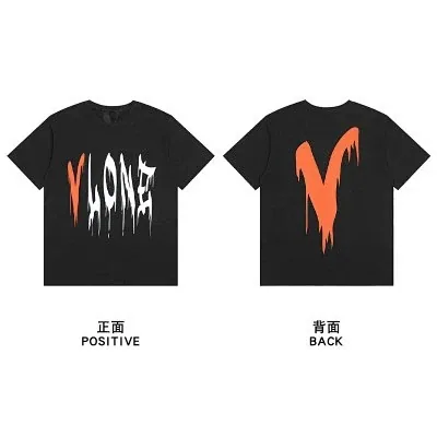 VLONE black short sleeve T-Shirt with orange and white dripping big V print