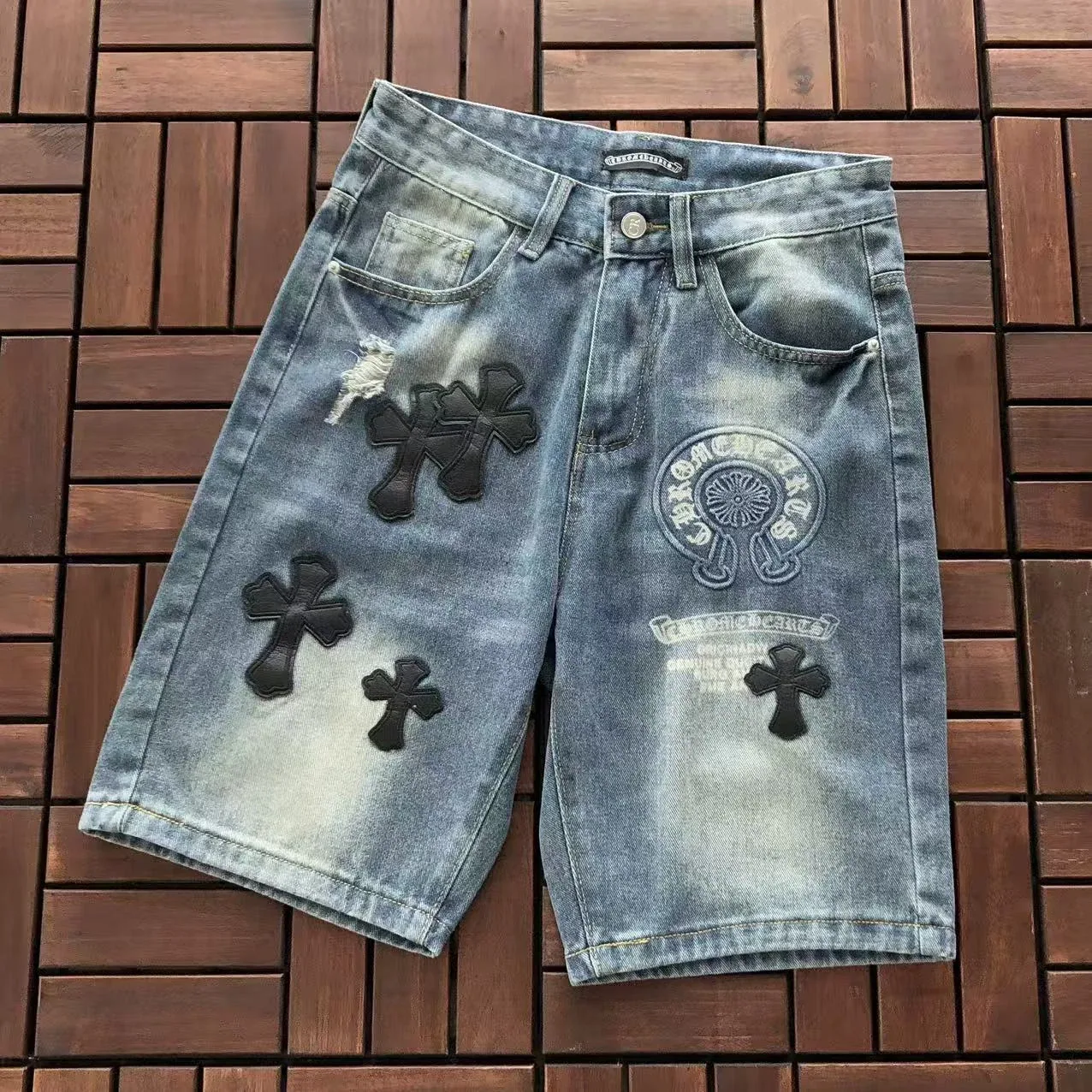 Chrome Hearts Washed Cross Leather Patch Denim Shorts