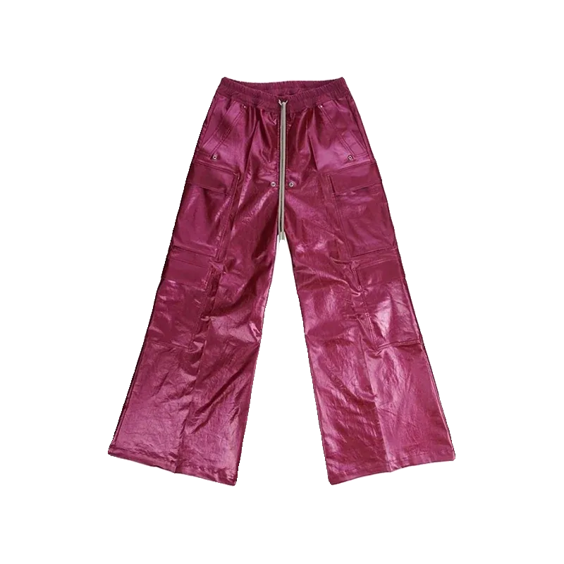 Burgundy Glossy Wide-Leg Cargo Pants