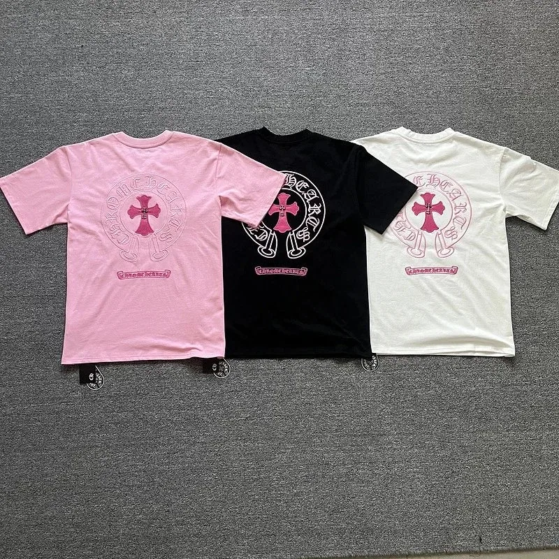 Three-color Chrome Hearts pink cross print T-Shirt