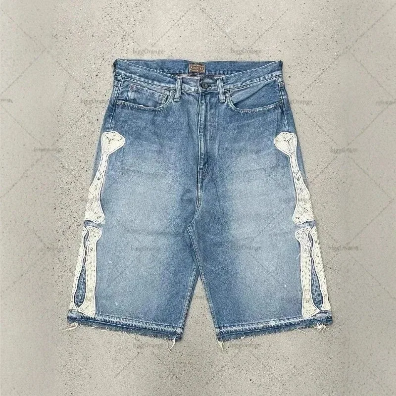 Gallery Dept.-Style Distressed Bone-Patch Denim Shorts