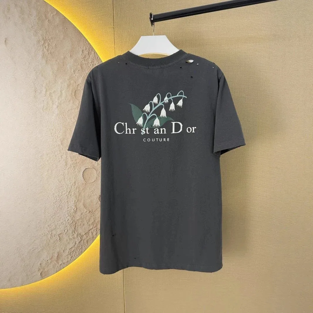 Christian Dior-Style Distressed T-Shirt with Lily of the Valley Print