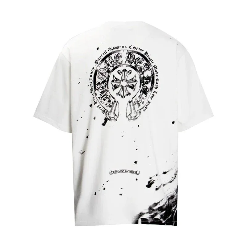 Chrome Hearts-Style Splatter-Paint Horseshoe Print T-Shirt