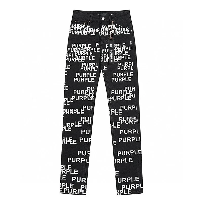 Purple Brand-Style Black Denim Jeans with Allover Slogan Print