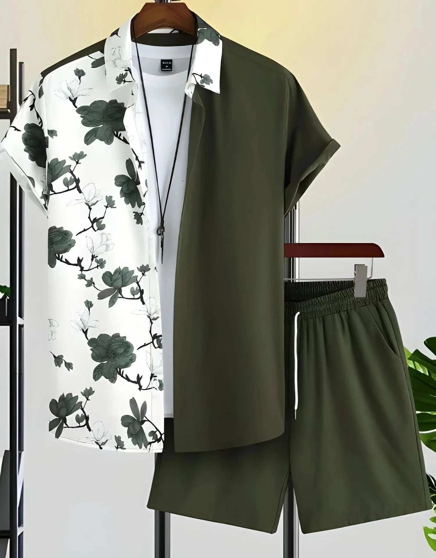 Shein Floral Print Short Sleeve Shirt and Shorts Set Green White