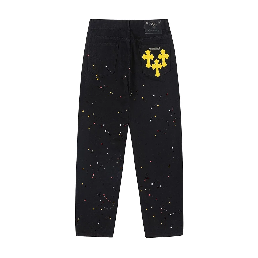 Chrome Hearts Paint Splatter Triple Cross Jeans Black Yellow