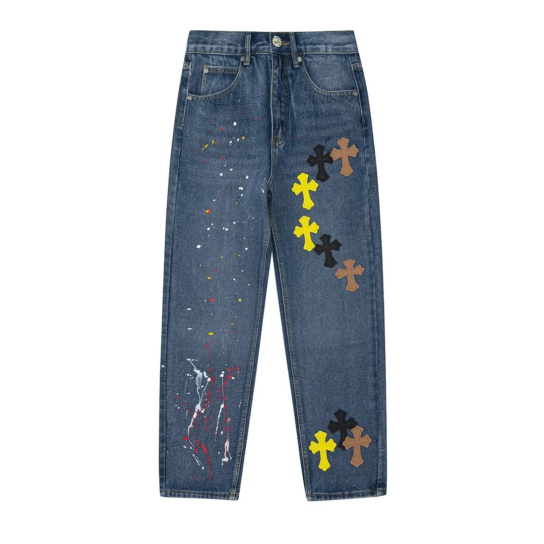Chrome Hearts Paint Splatter Cross Patch Jeans Blue Multicolor