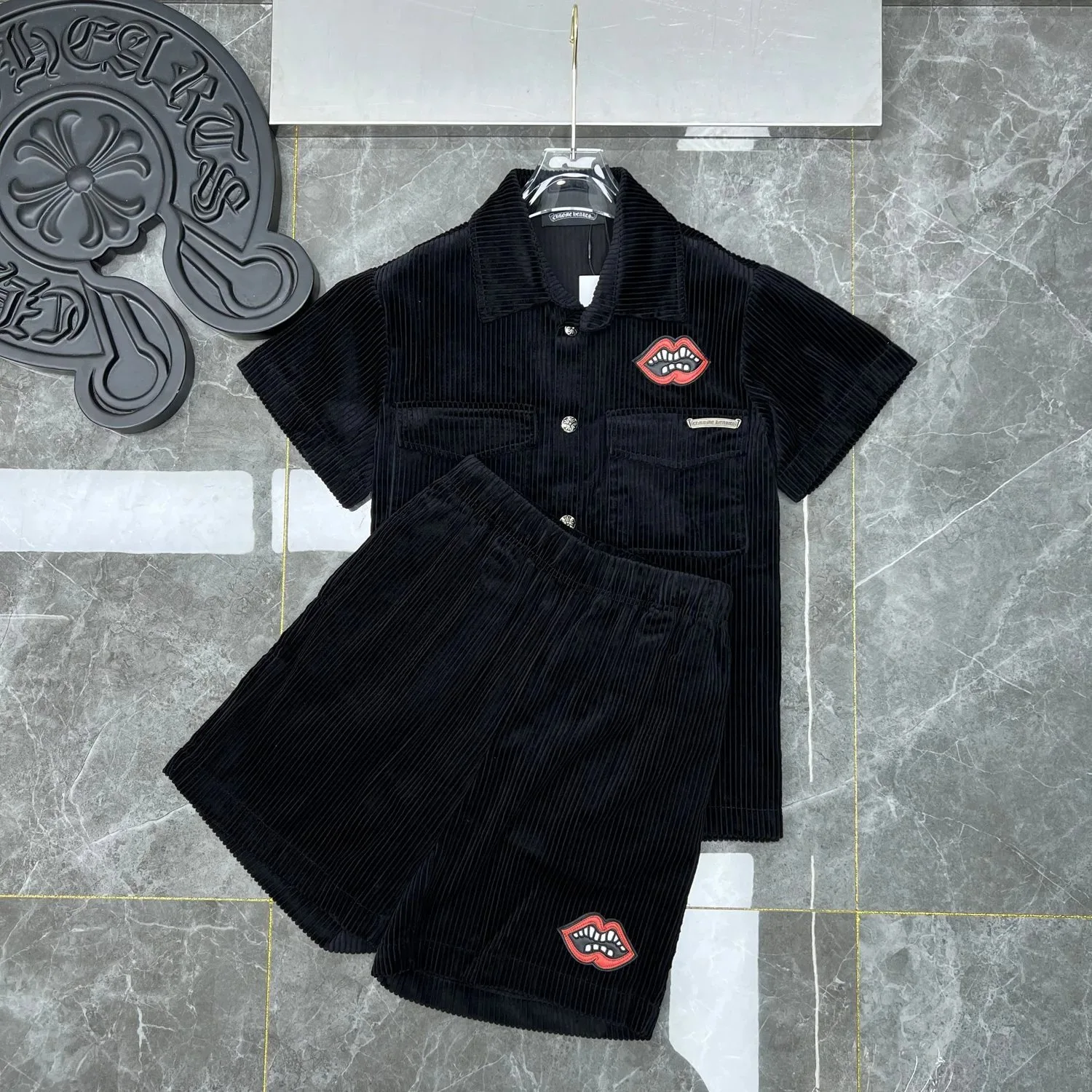 Chrome Hearts Corduroy Short Sleeve Shirt and Shorts Set Black