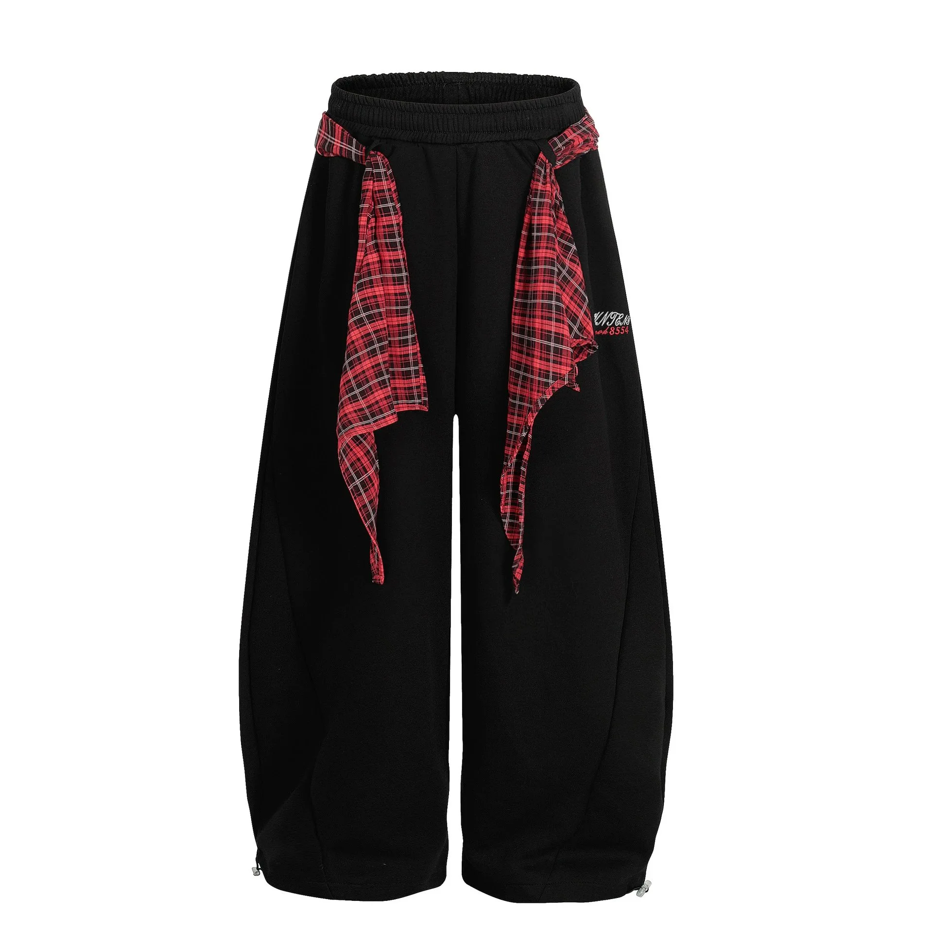 Unbranded Loose Fit Plaid Sash Sweatpants Black