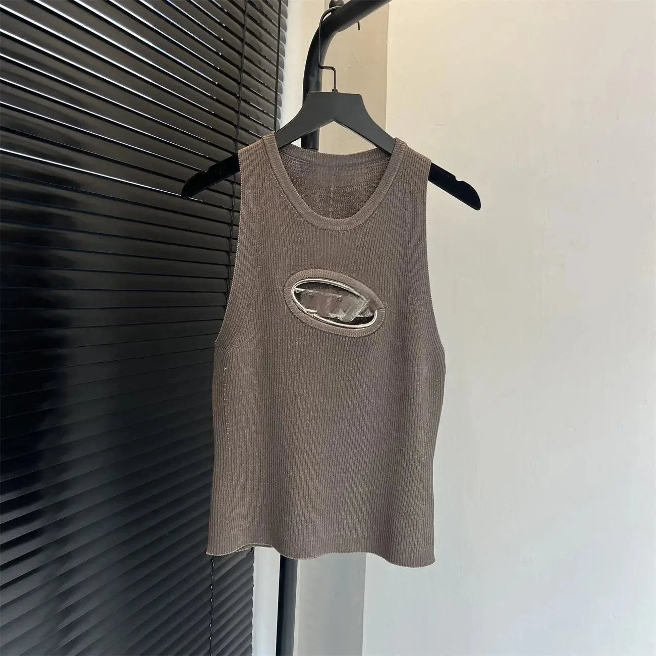 Ribbed Knit Tank Top with Metal Ring Detail