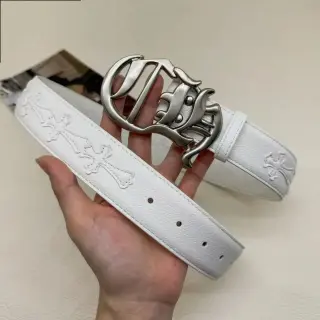 Chrome Hearts-Style White Embossed Cross Belt