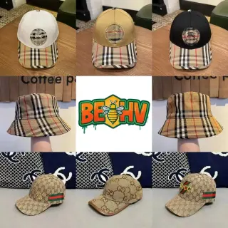 Hats from two major luxury brands: Burberry and Gucci