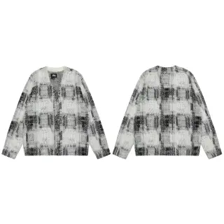 Stussy-Style Black and White Plaid Knit Cardigan