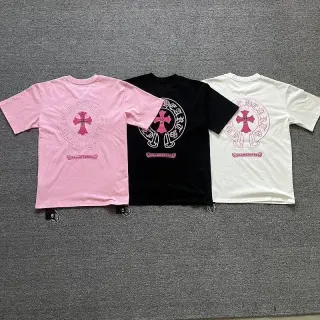 Three-color Chrome Hearts pink cross print T-Shirt