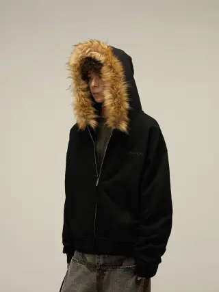Futur, fur-trimmed hooded cardigan sweatshirt