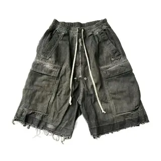 Rick Owens-Style Distressed Cargo Denim Shorts