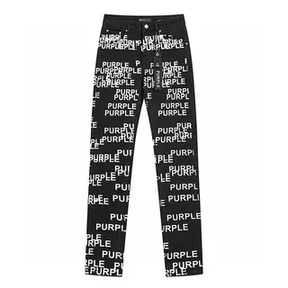 Purple Brand-Style Black Denim Jeans with Allover Slogan Print
