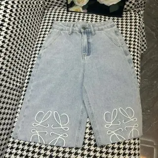 Loewe-style Anagram embroidered denim shorts