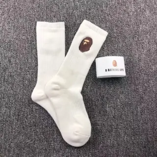 BAPE ape head embroidered white mid-calf socks