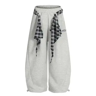 Loose Fit Plaid Sash Sweatpants Gray