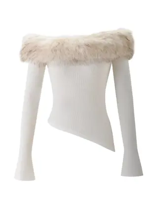 Faux Fur Trim Off Shoulder Asymmetric Knit Tops